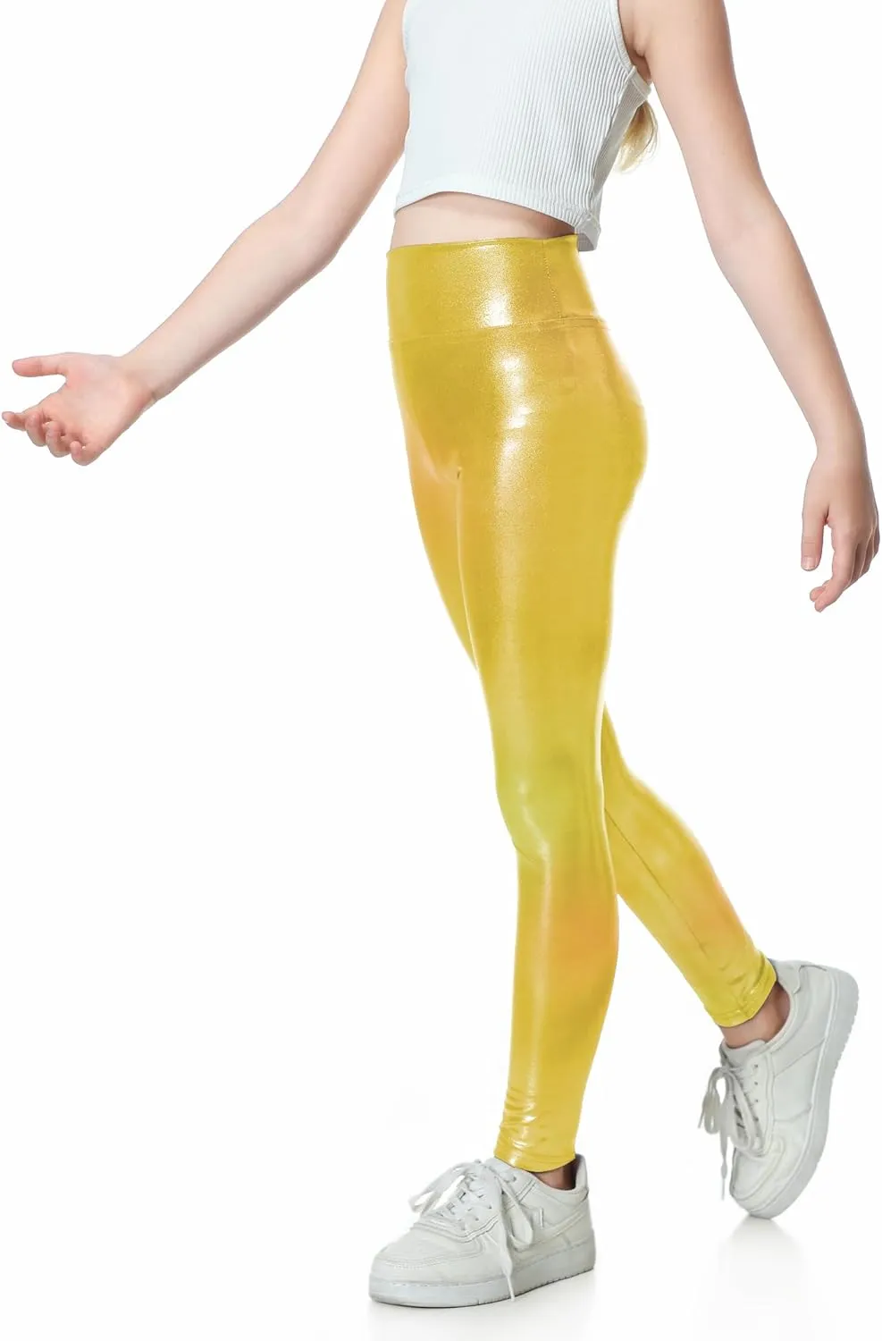 Girls Metallic Active Leggings Size 4-14 Years Shiny Sparkly Mystique Stretch Ankle Length for Kids Youth Teen