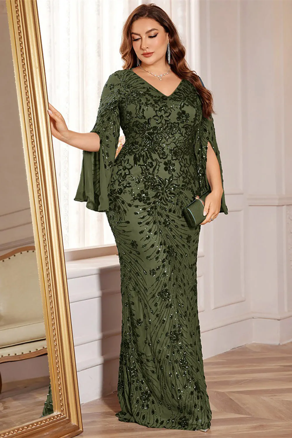 Glitter Black A Line V Neck Plus Size Maxi Wedding Guest Dress