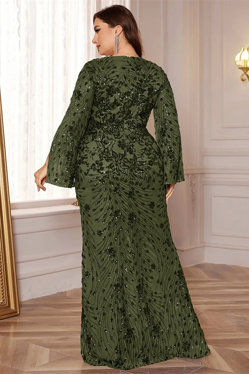 Glitter Black A Line V Neck Plus Size Maxi Wedding Guest Dress