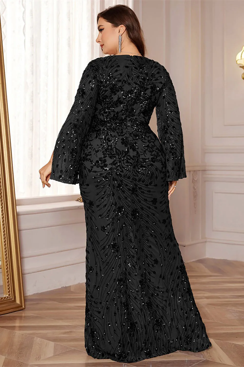 Glitter Black A Line V Neck Plus Size Maxi Wedding Guest Dress
