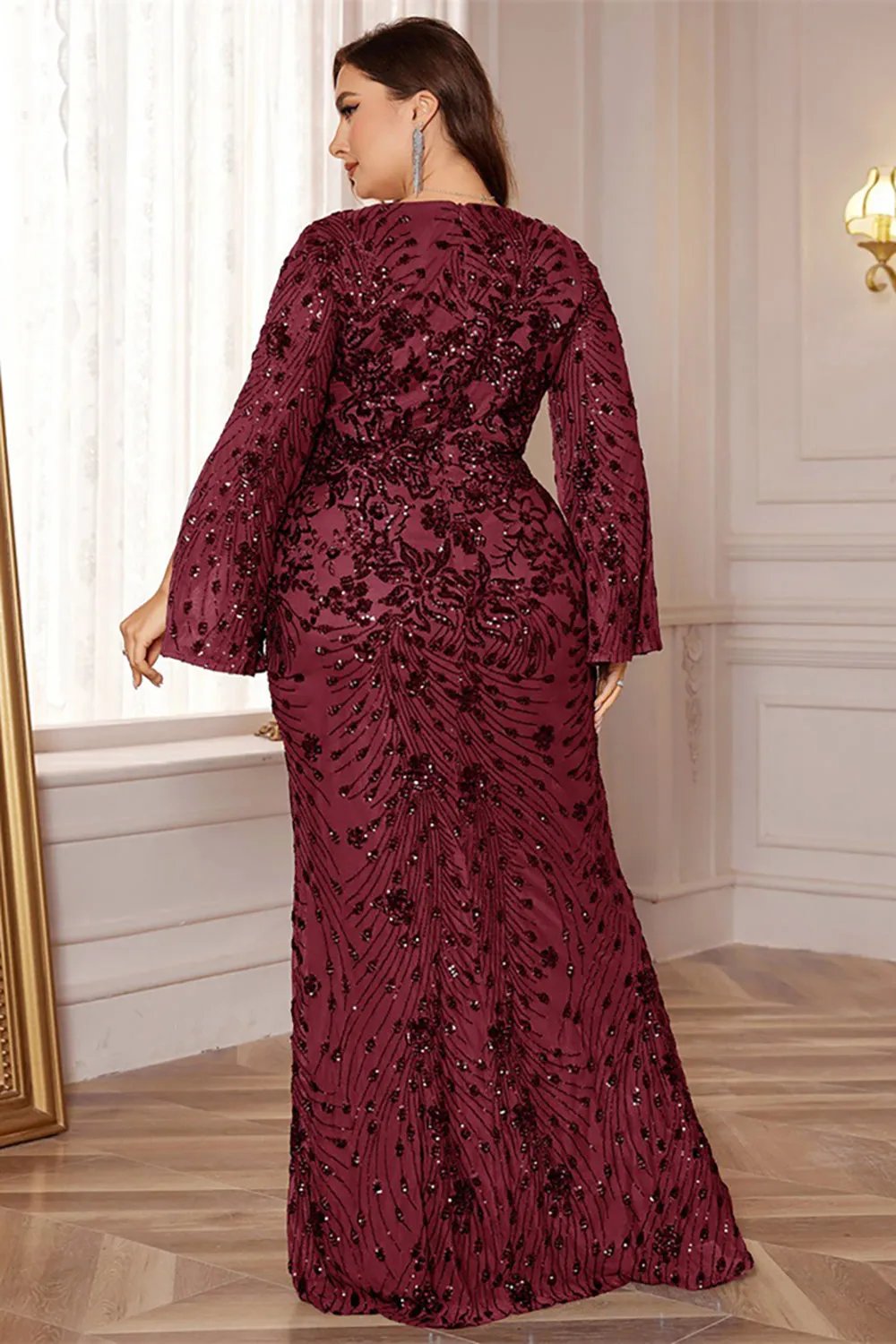 Glitter Black A Line V Neck Plus Size Maxi Wedding Guest Dress