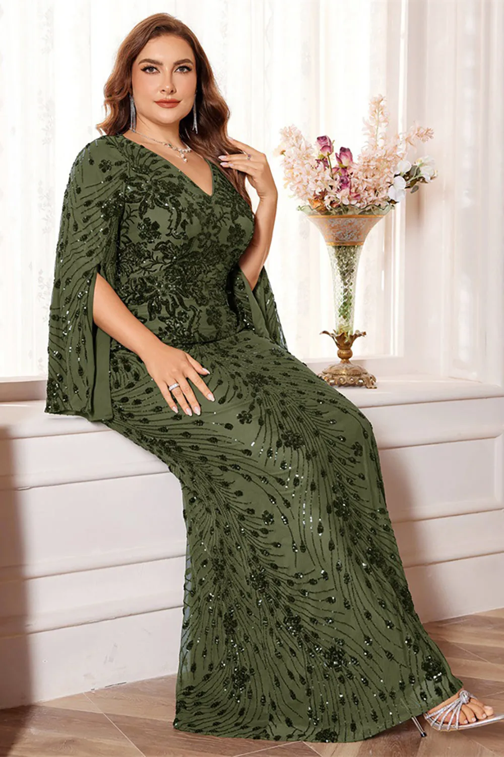 Glitter Black A Line V Neck Plus Size Maxi Wedding Guest Dress