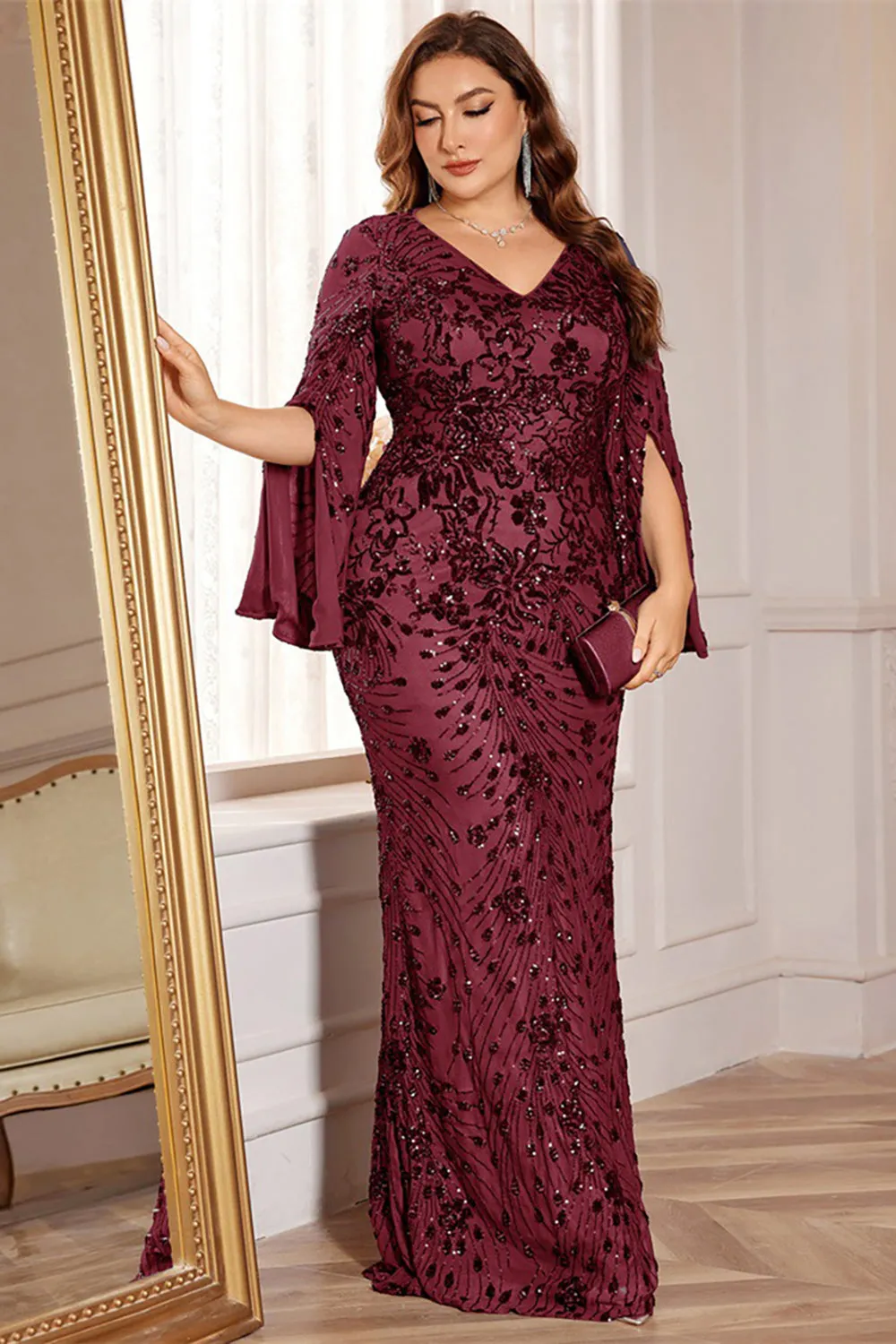 Glitter Black A Line V Neck Plus Size Maxi Wedding Guest Dress