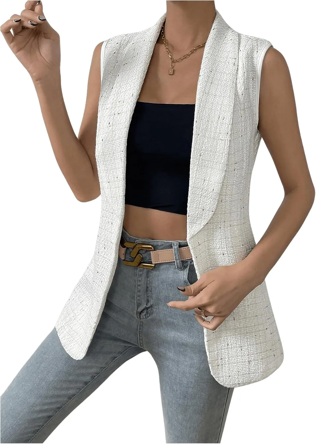 GORGLITTER Women's Tweed Long Blazer Vest Sleeveless Open Front Work Dressy Vest