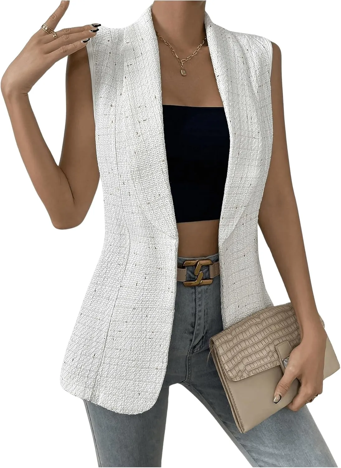 GORGLITTER Women's Tweed Long Blazer Vest Sleeveless Open Front Work Dressy Vest
