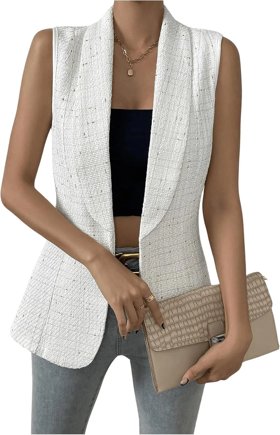GORGLITTER Women's Tweed Long Blazer Vest Sleeveless Open Front Work Dressy Vest