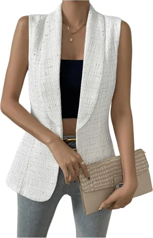 GORGLITTER Women's Tweed Long Blazer Vest Sleeveless Open Front Work Dressy Vest