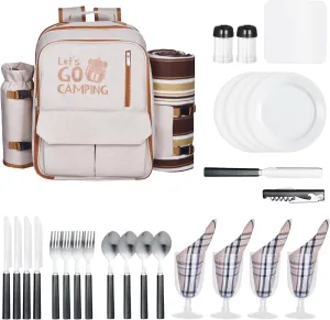 Happybuy 4-Person Picnic Backpack with Cooler Compartment  Includes Insulated Bag, Detachable Wine Holder, Lightweight Blanket, Plates & Cutlery for Outdoor, Beach & Camping