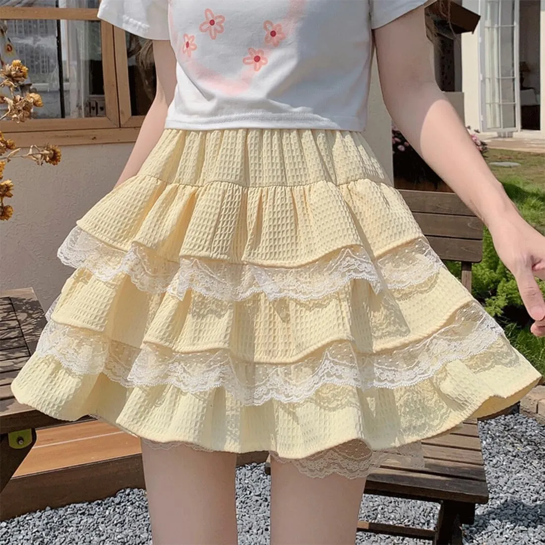 Harajuku Lolita Kawaii Gothic Casual Style A-Line Elastic High Waist Cute Lace Trim Ruffle Tiered Short Skirt