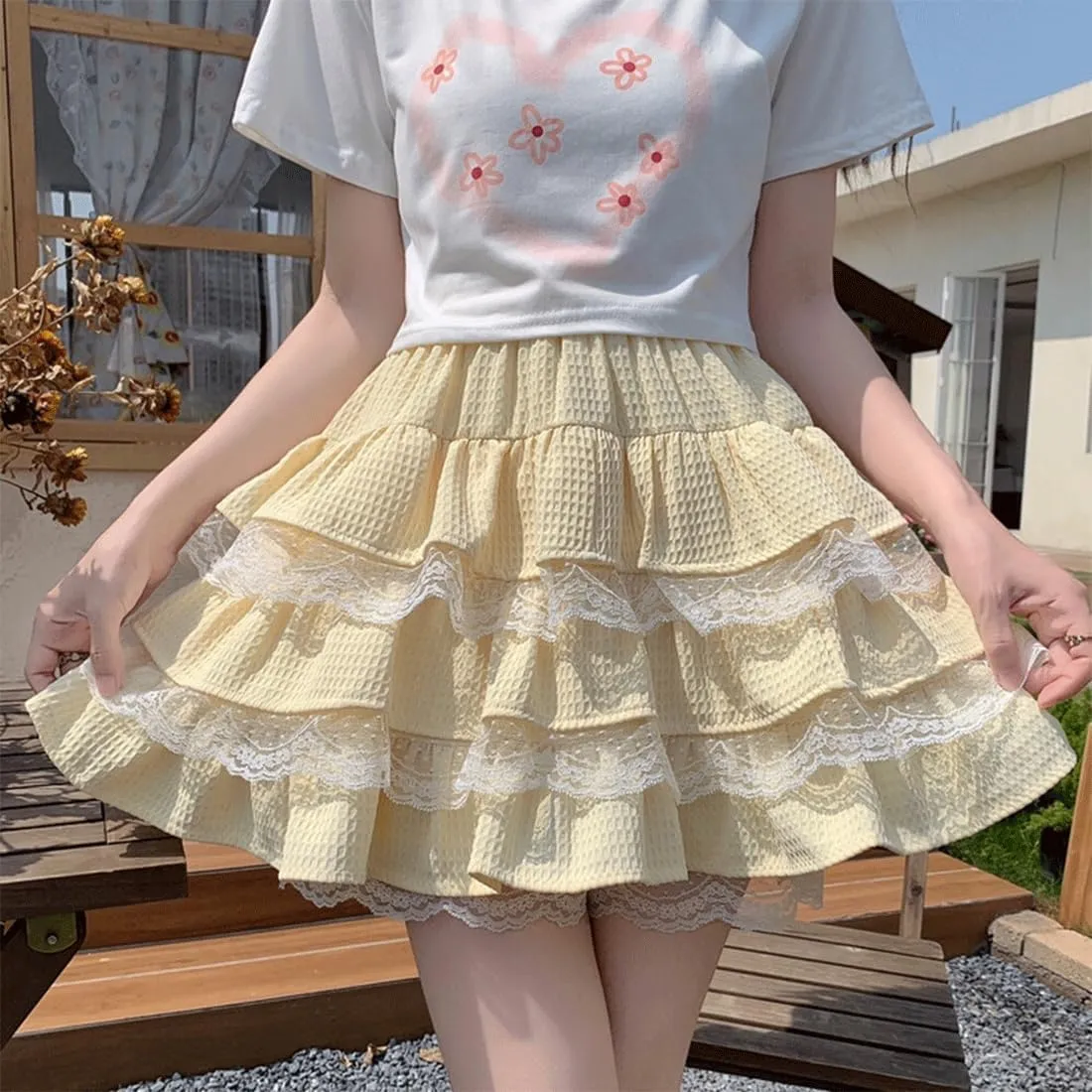 Harajuku Lolita Kawaii Gothic Casual Style A-Line Elastic High Waist Cute Lace Trim Ruffle Tiered Short Skirt