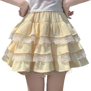 Harajuku Lolita Kawaii Gothic Casual Style A-Line Elastic High Waist Cute Lace Trim Ruffle Tiered Short Skirt