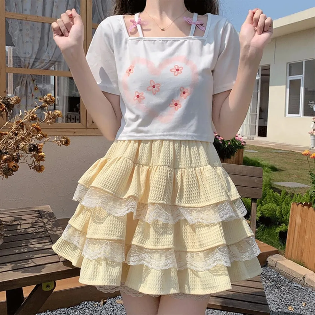 Harajuku Lolita Kawaii Gothic Casual Style A-Line Elastic High Waist Cute Lace Trim Ruffle Tiered Short Skirt