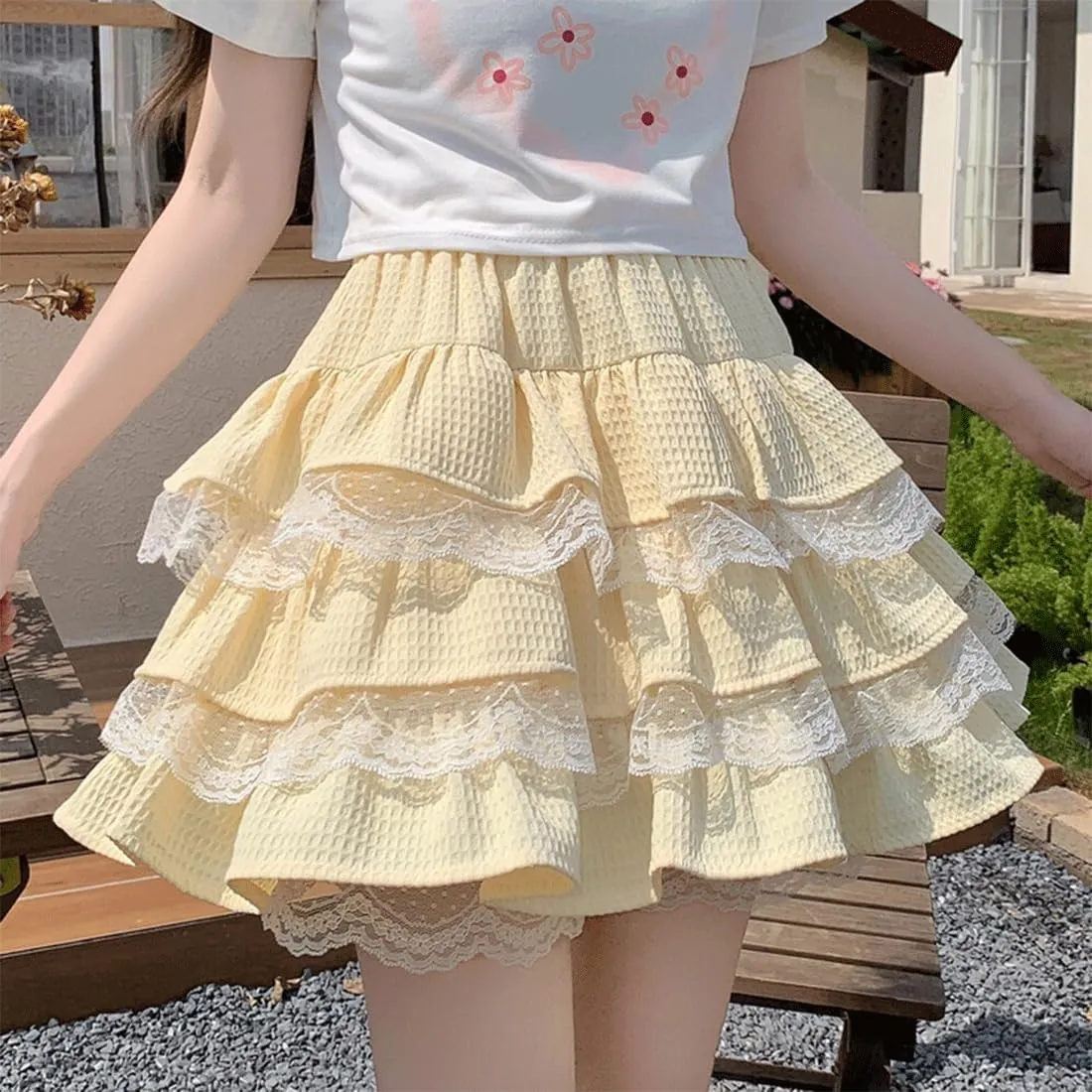 Harajuku Lolita Kawaii Gothic Casual Style A-Line Elastic High Waist Cute Lace Trim Ruffle Tiered Short Skirt