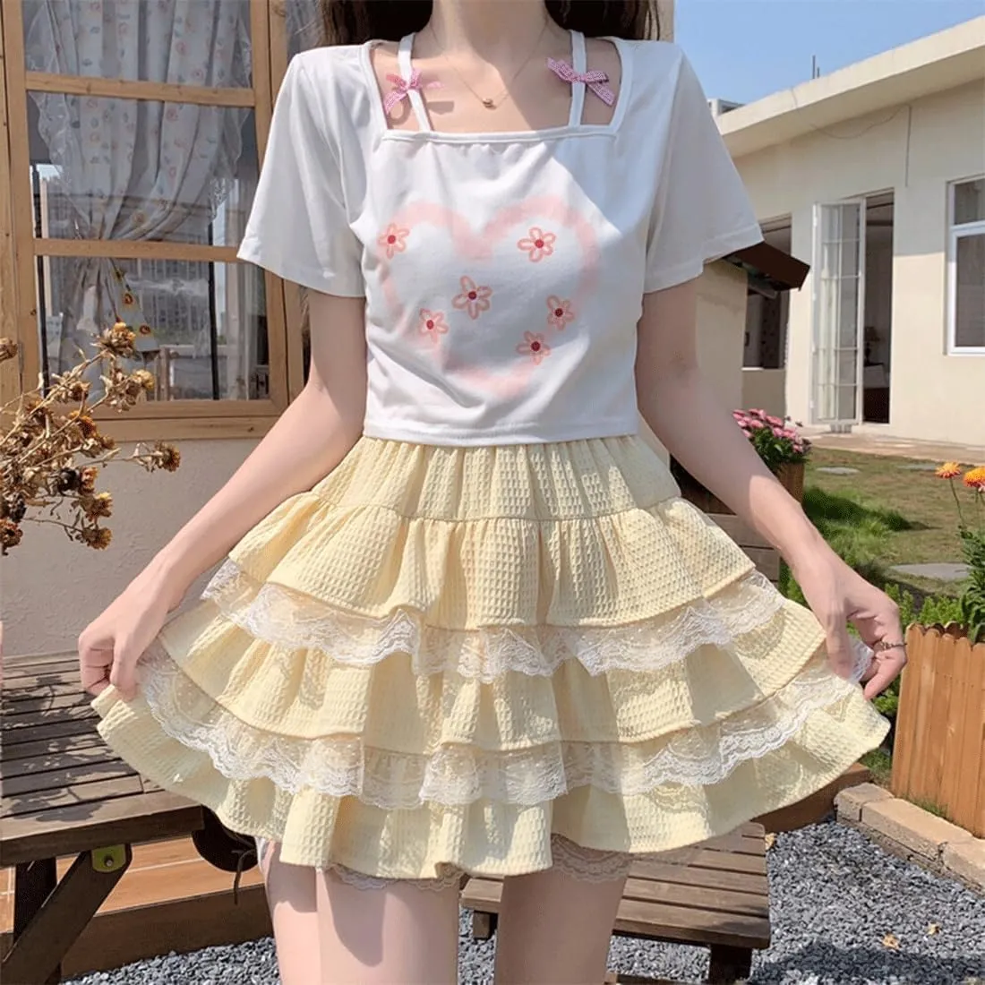 Harajuku Lolita Kawaii Gothic Casual Style A-Line Elastic High Waist Cute Lace Trim Ruffle Tiered Short Skirt