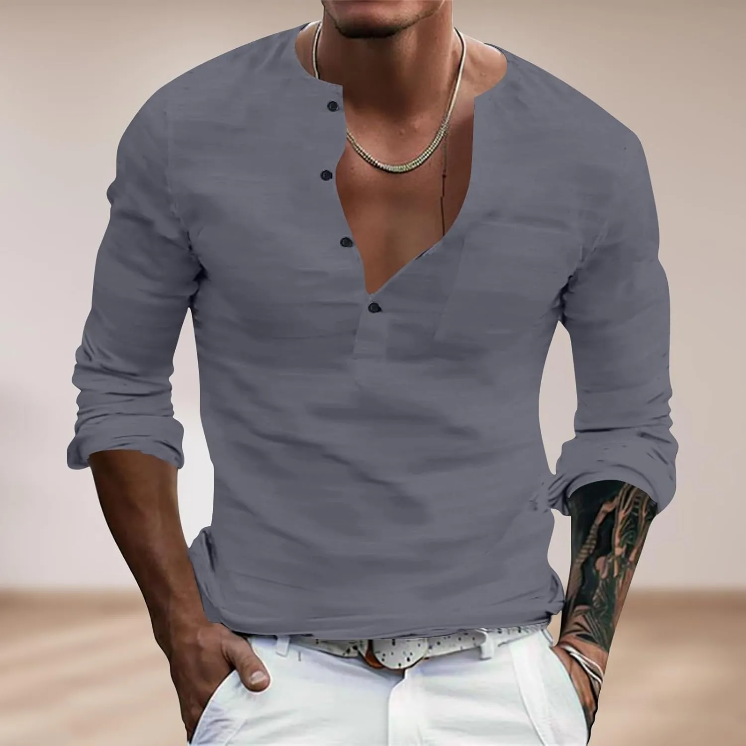 Henley Shirts for Men Long Sleeve Fitted Cotton Summer Casual V Neck Work Soft T Shirts Beach Vacation Basic Tees