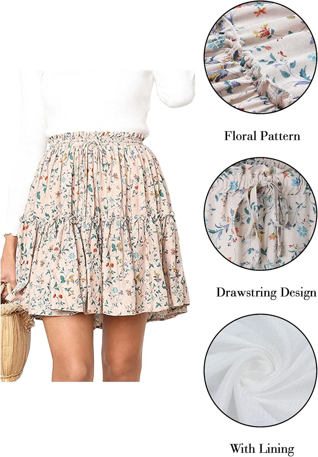 Hibluco Women' Floral Layered Ruffles Tie up High Waist Short Pleated Skirt