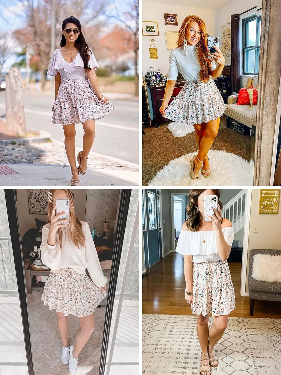 Hibluco Women' Floral Layered Ruffles Tie up High Waist Short Pleated Skirt