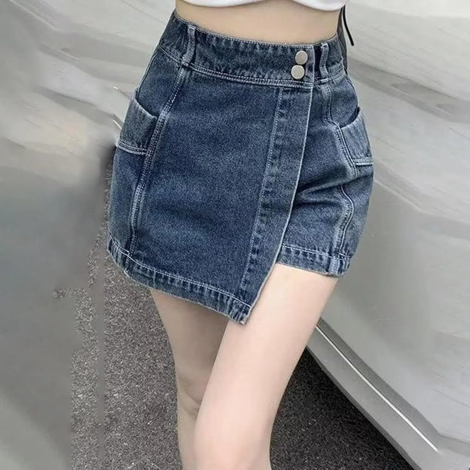 High Waisted Denim Pants for Women Summer Casual Loose Fit Asymmetrical Hem Denim Skort Comfortable Skirt with Pockets
