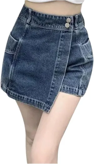 High Waisted Denim Pants for Women Summer Casual Loose Fit Asymmetrical Hem Denim Skort Comfortable Skirt with Pockets