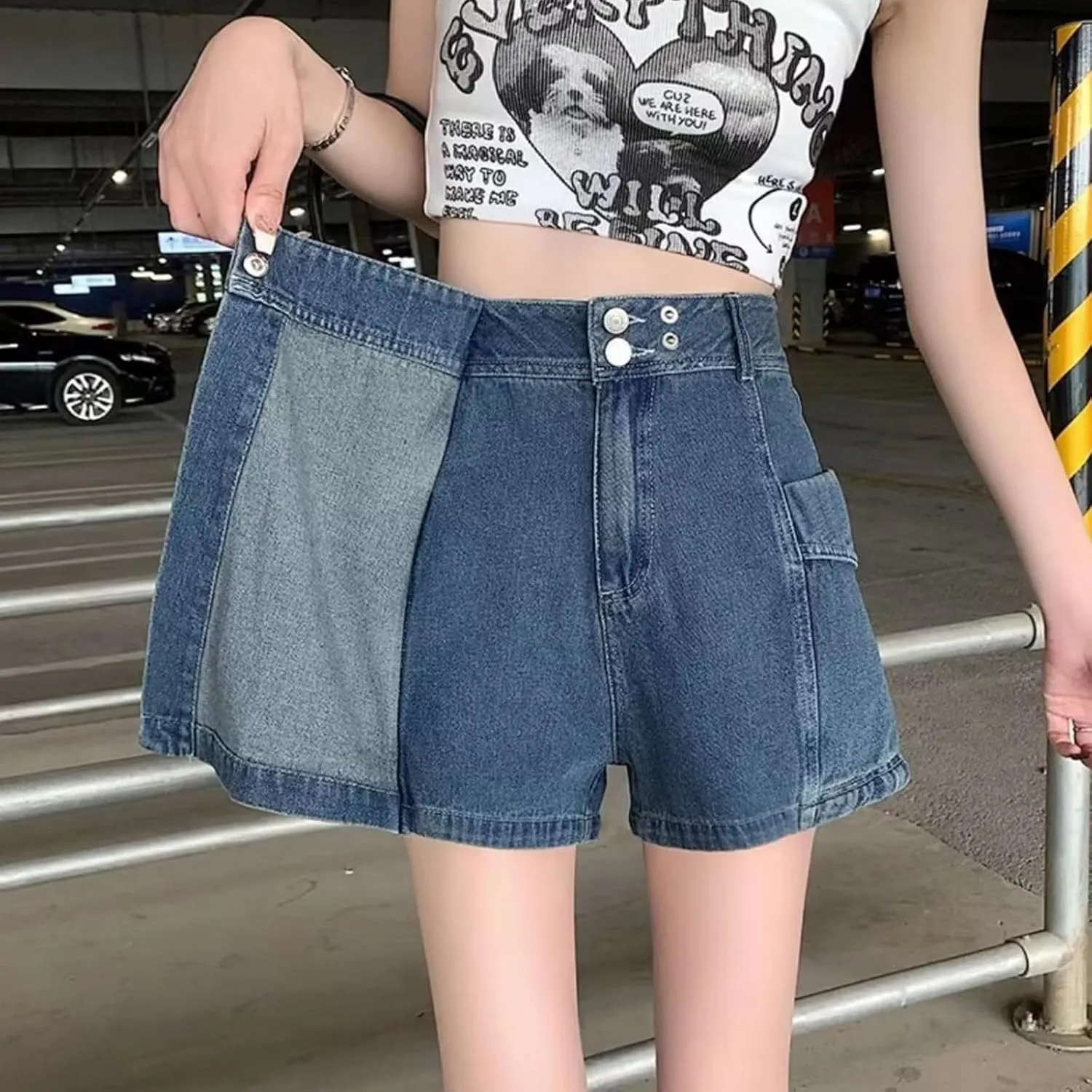 High Waisted Denim Pants for Women Summer Casual Loose Fit Asymmetrical Hem Denim Skort Comfortable Skirt with Pockets