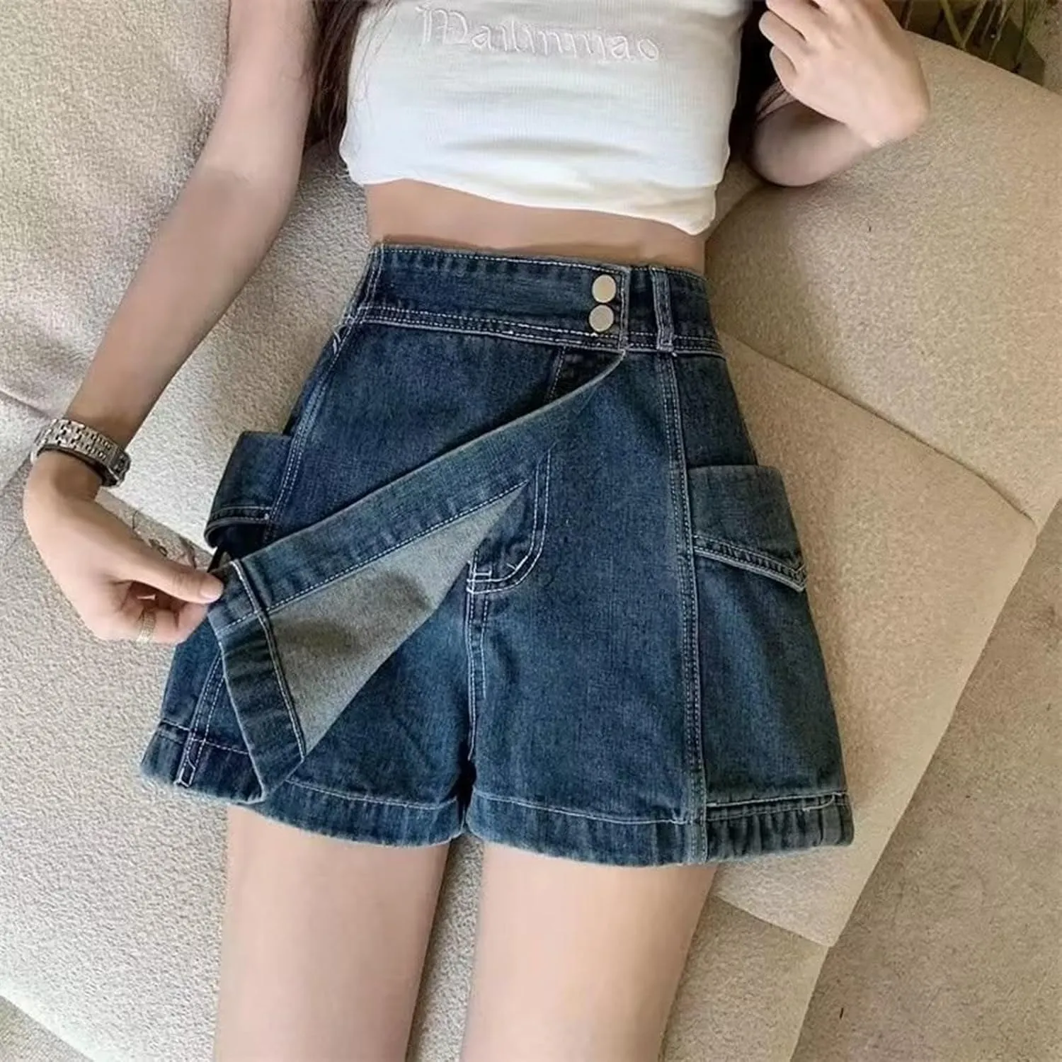 High Waisted Denim Pants for Women Summer Casual Loose Fit Asymmetrical Hem Denim Skort Comfortable Skirt with Pockets