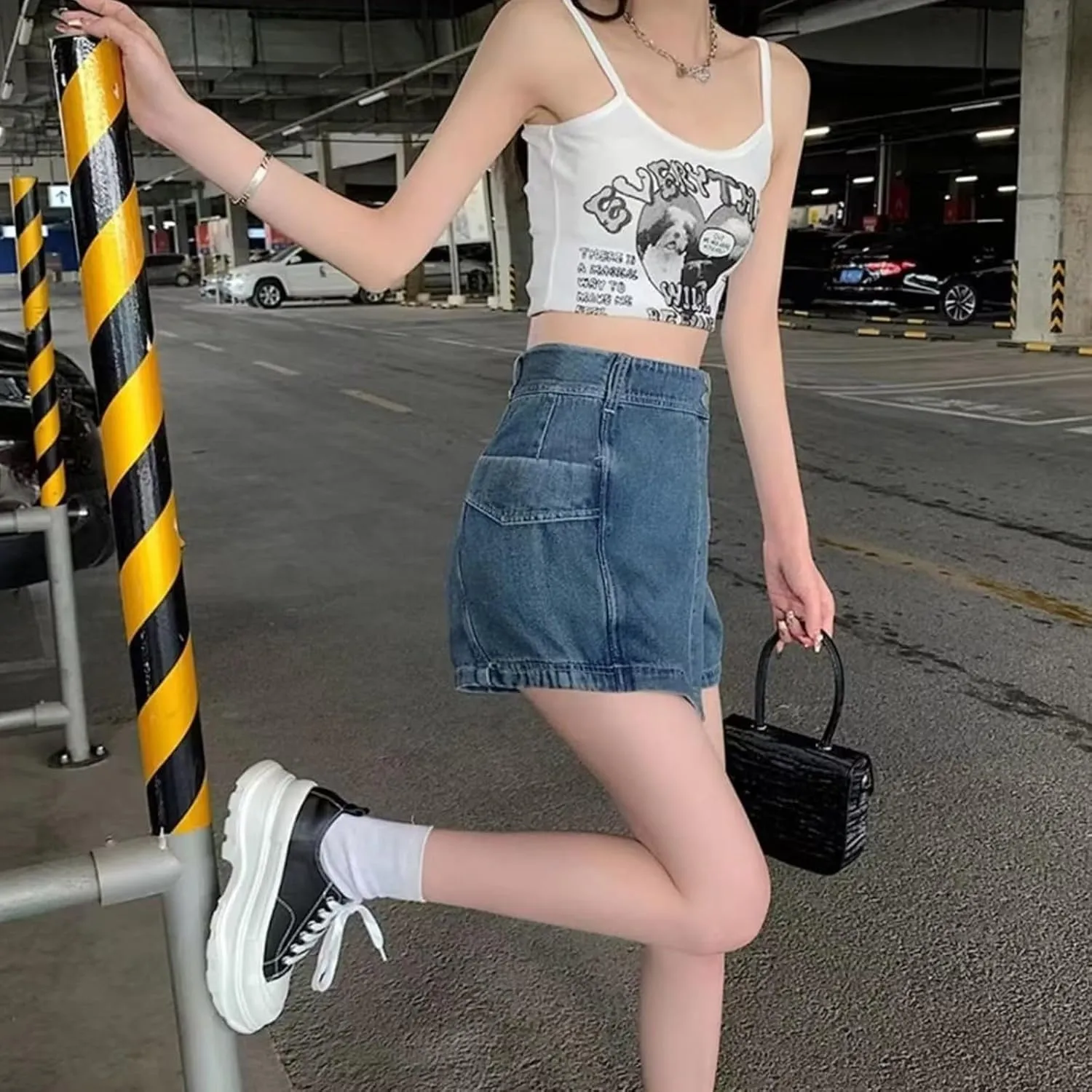 High Waisted Denim Pants for Women Summer Casual Loose Fit Asymmetrical Hem Denim Skort Comfortable Skirt with Pockets