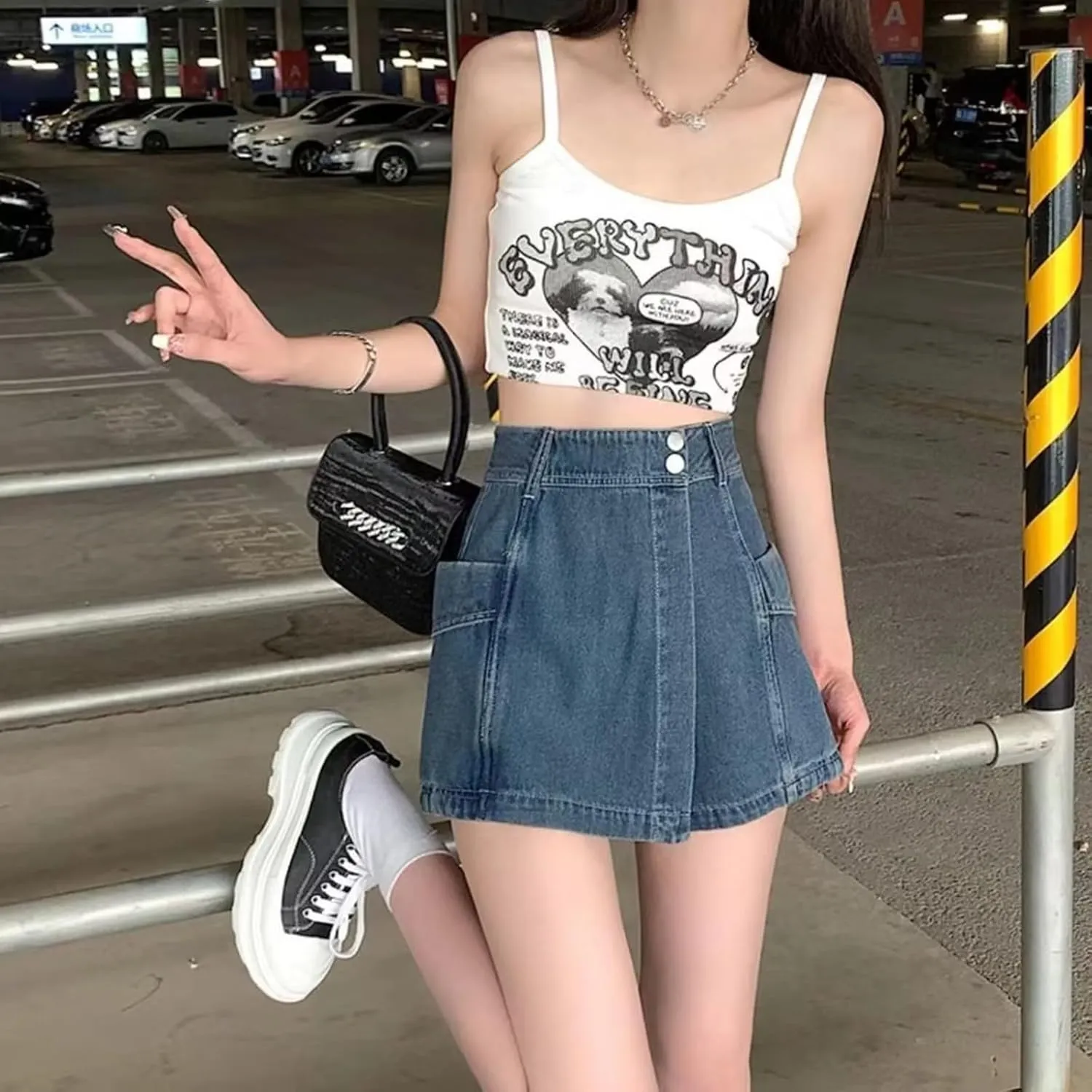 High Waisted Denim Pants for Women Summer Casual Loose Fit Asymmetrical Hem Denim Skort Comfortable Skirt with Pockets
