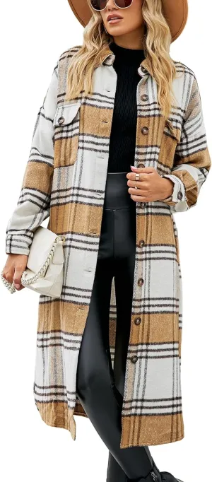 Himosyber Women's Casual Plaid Lapel Woolen Button Up Pocketed Long Shacket Coat