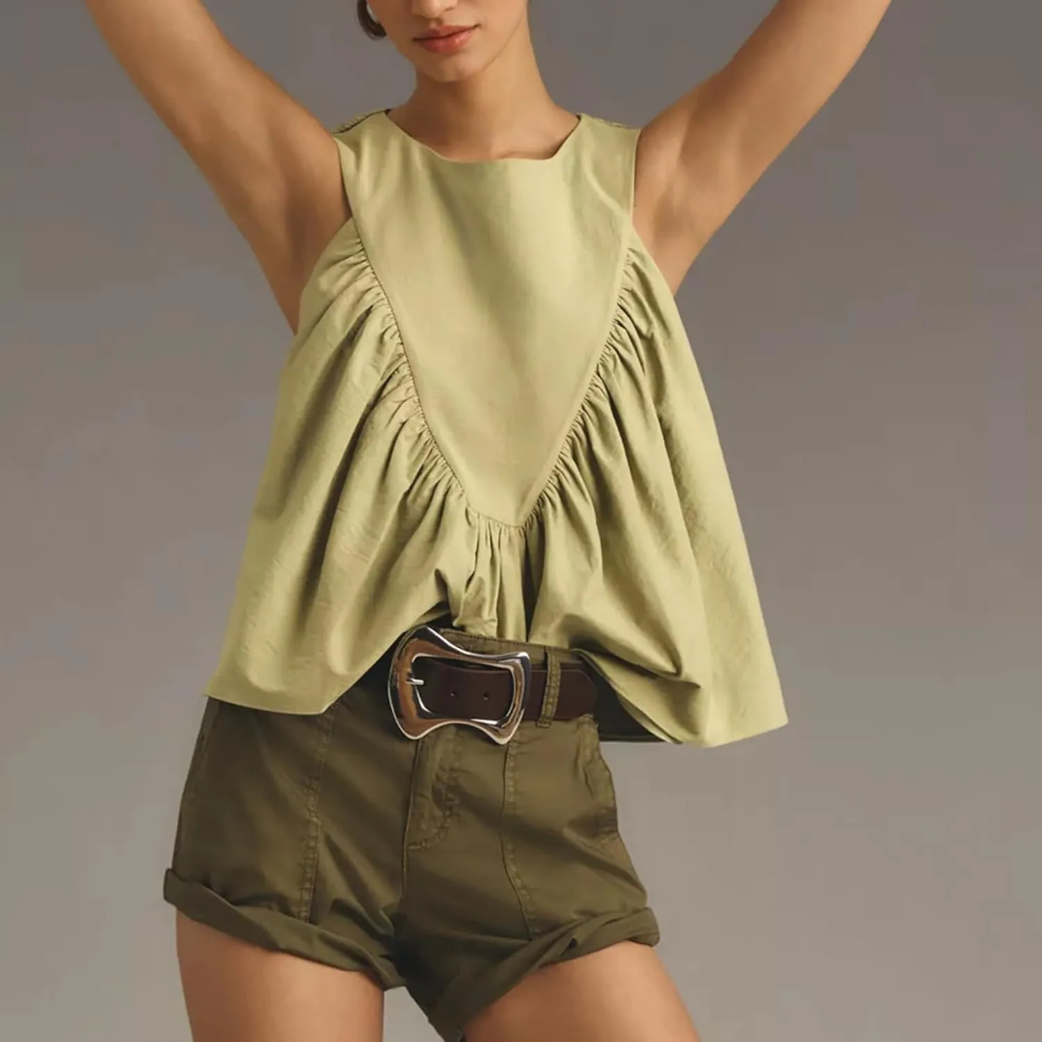 Hixiaohe Shirred Swing Tank Tops for Women Fashion Flowy Sleeveless Shirts Casual Crew Neck Blouse Loose Fit Ruffled Tops