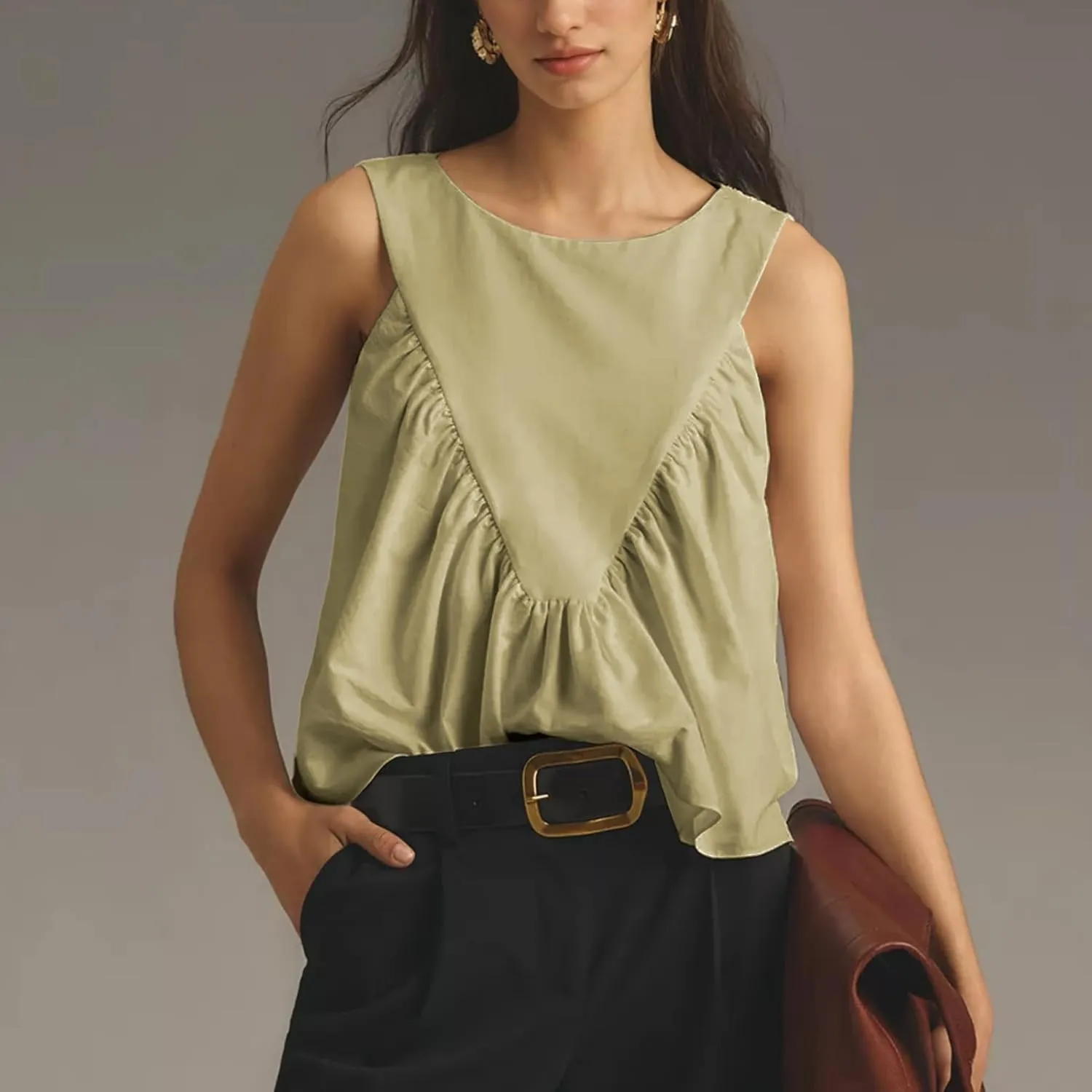 Hixiaohe Shirred Swing Tank Tops for Women Fashion Flowy Sleeveless Shirts Casual Crew Neck Blouse Loose Fit Ruffled Tops