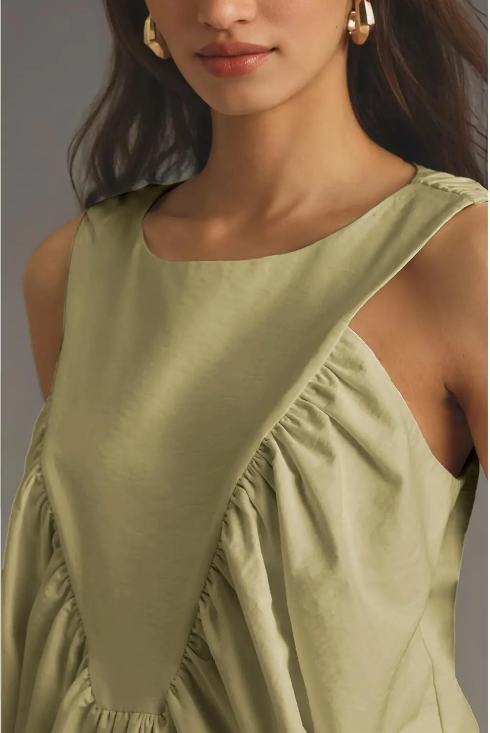 Hixiaohe Shirred Swing Tank Tops for Women Fashion Flowy Sleeveless Shirts Casual Crew Neck Blouse Loose Fit Ruffled Tops