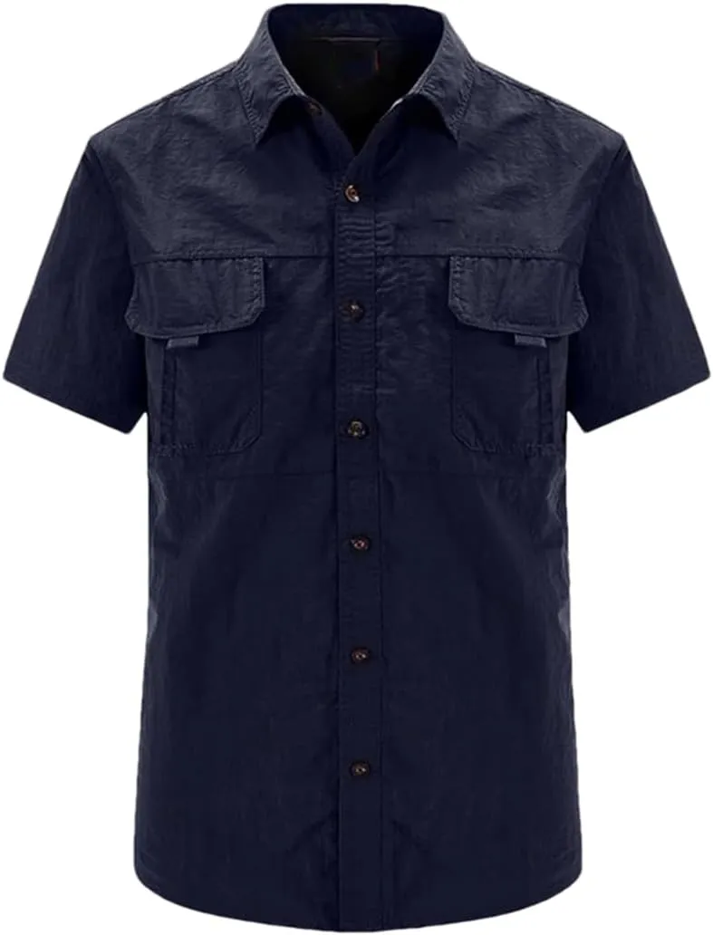 Hot Tactical Hiking Shirts Men Long Sleeve Cargo Work Shirt Summer Outdoor Quick-Dry Military Camping Hunting Fishing Work Shirt Short-Navy Asian-M