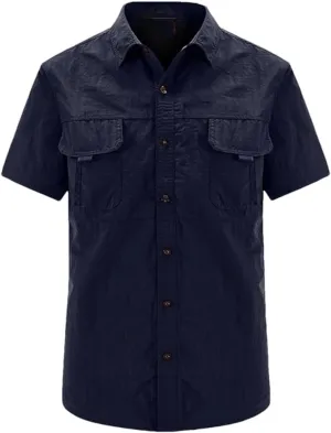 Hot Tactical Hiking Shirts Men Long Sleeve Cargo Work Shirt Summer Outdoor Quick-Dry Military Camping Hunting Fishing Work Shirt Short-Navy Asian-M