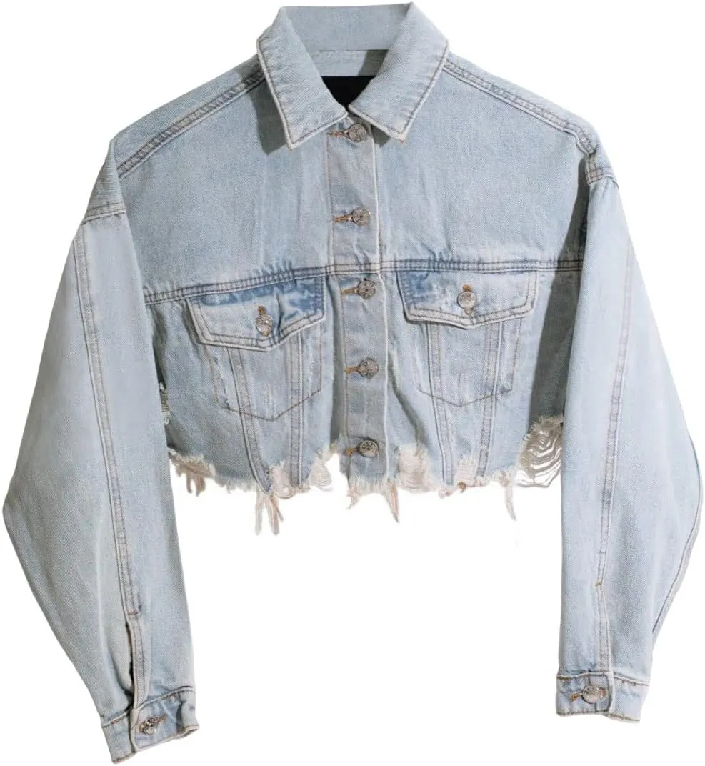 HTD Women's Cropped Jean Jacket Button Up Long Sleeve Ripped Distressed Denim Jacket Frayed Hem