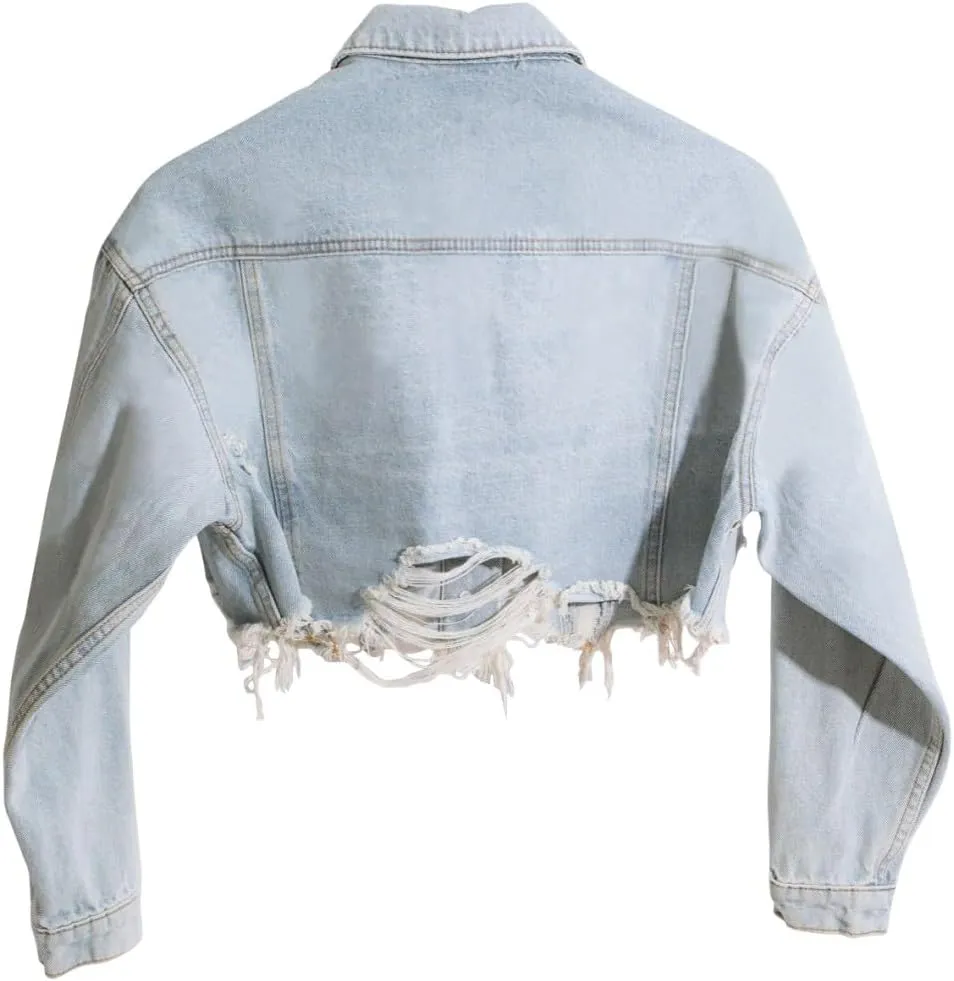 HTD Women's Cropped Jean Jacket Button Up Long Sleeve Ripped Distressed Denim Jacket Frayed Hem