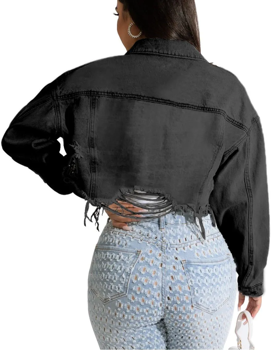 HTD Women's Cropped Jean Jacket Button Up Long Sleeve Ripped Distressed Denim Jacket Frayed Hem