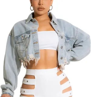 HTD Women's Cropped Jean Jacket Button Up Long Sleeve Ripped Distressed Denim Jacket Frayed Hem