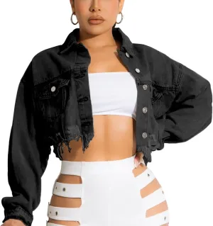 HTD Women's Cropped Jean Jacket Button Up Long Sleeve Ripped Distressed Denim Jacket Frayed Hem