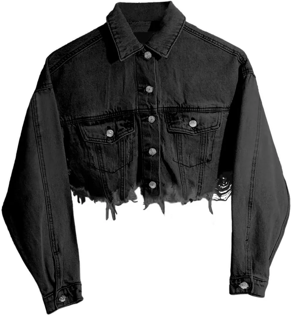 HTD Women's Cropped Jean Jacket Button Up Long Sleeve Ripped Distressed Denim Jacket Frayed Hem