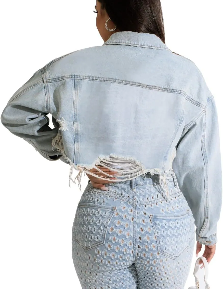 HTD Women's Cropped Jean Jacket Button Up Long Sleeve Ripped Distressed Denim Jacket Frayed Hem