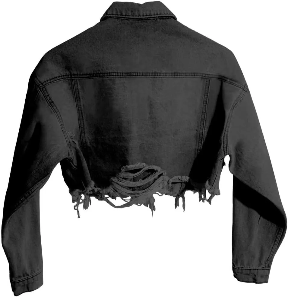 HTD Women's Cropped Jean Jacket Button Up Long Sleeve Ripped Distressed Denim Jacket Frayed Hem