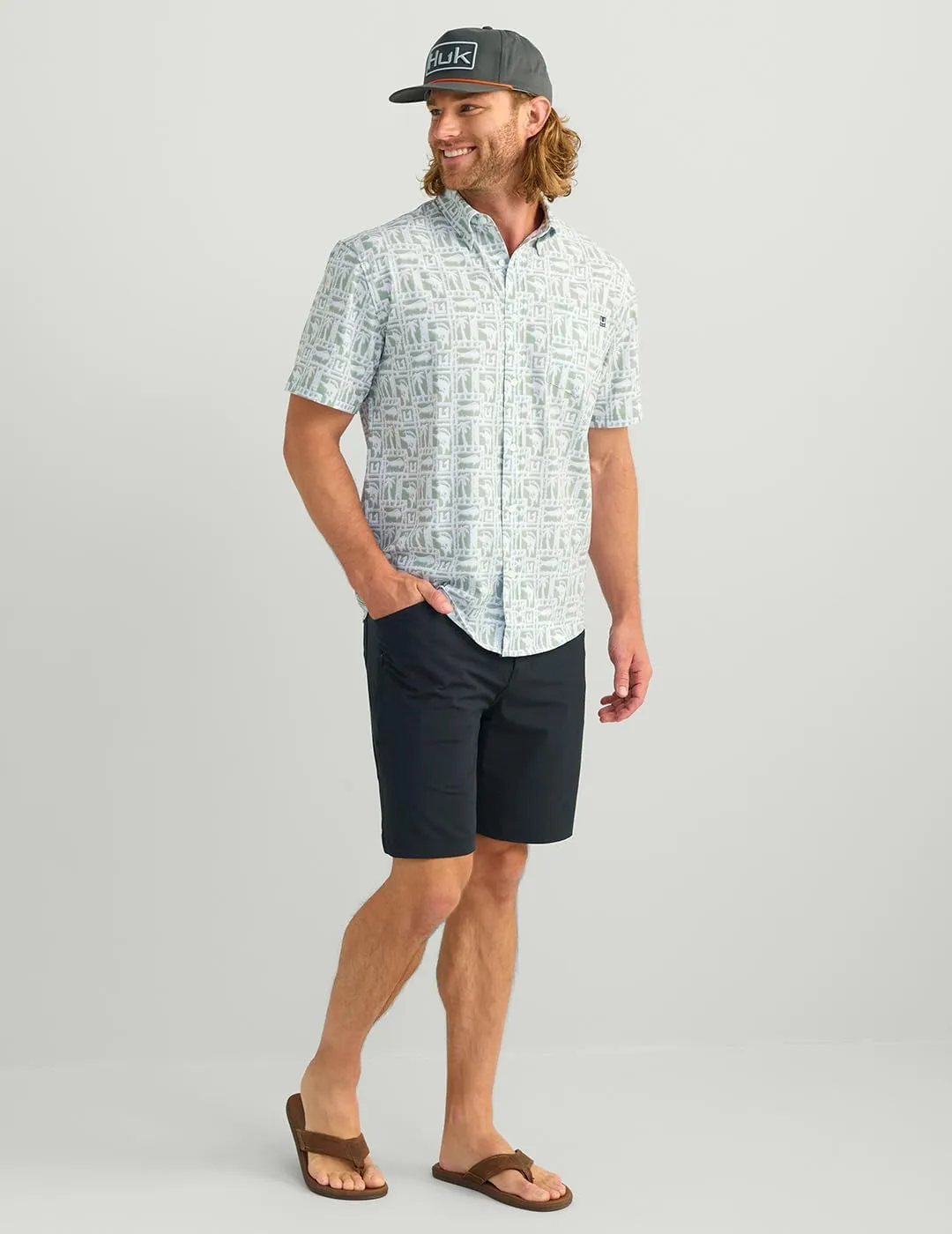 HUK Men's Kona Pattern Short Sleeve Fishing Button Down Shirt