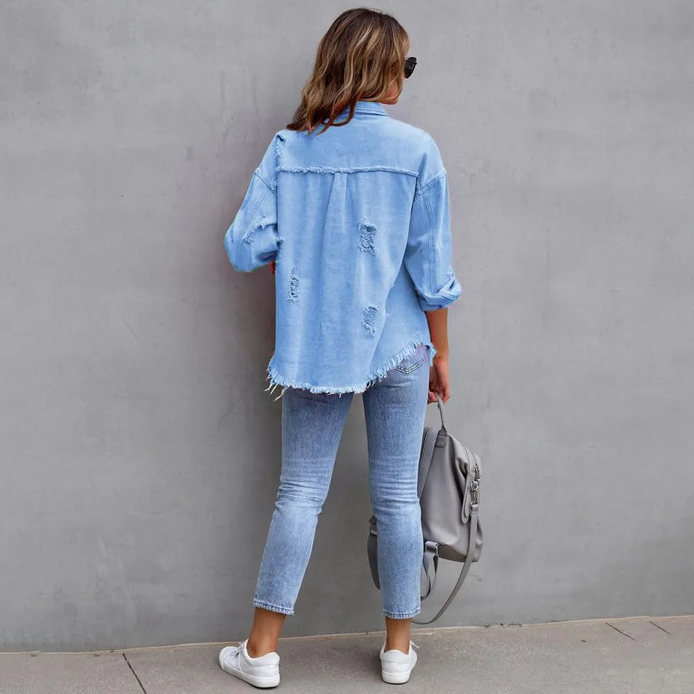 IDOPIP Denim Jacket for Women Distressed Ripped Jean Jackets Long Sleeve Casual Button Down Frayed Trucker Shacket Shirts