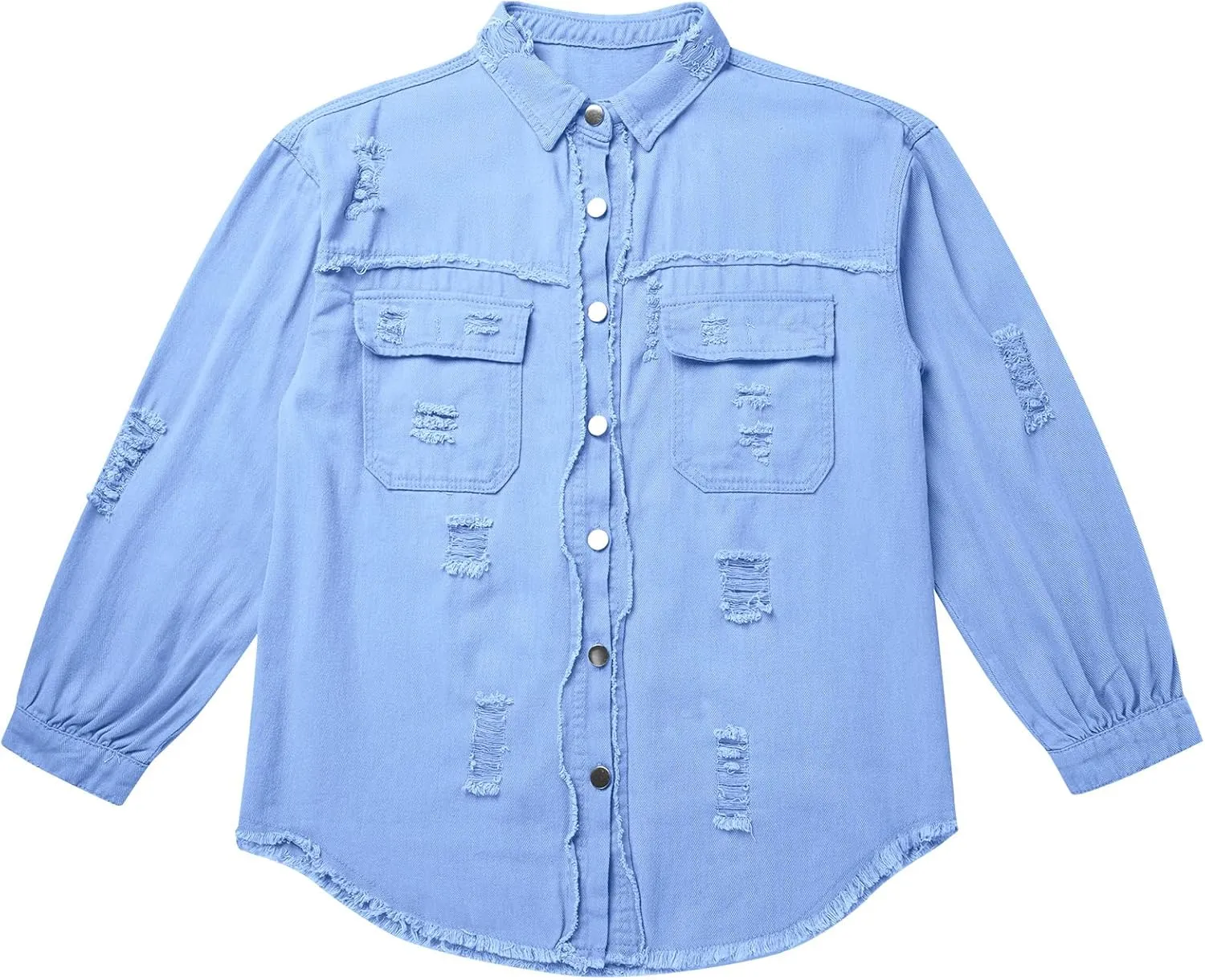 IDOPIP Denim Jacket for Women Distressed Ripped Jean Jackets Long Sleeve Casual Button Down Frayed Trucker Shacket Shirts