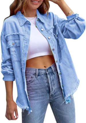 IDOPIP Denim Jacket for Women Distressed Ripped Jean Jackets Long Sleeve Casual Button Down Frayed Trucker Shacket Shirts
