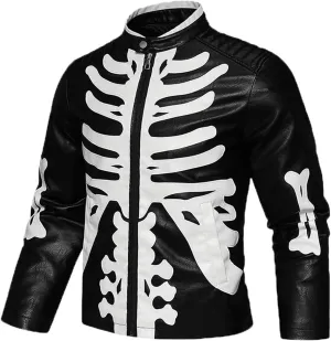 INVACHI Men's Faux Leather Jacket with Skeleton Design Waterproof Motorcyle Jacket PU Leather Jacket for Men