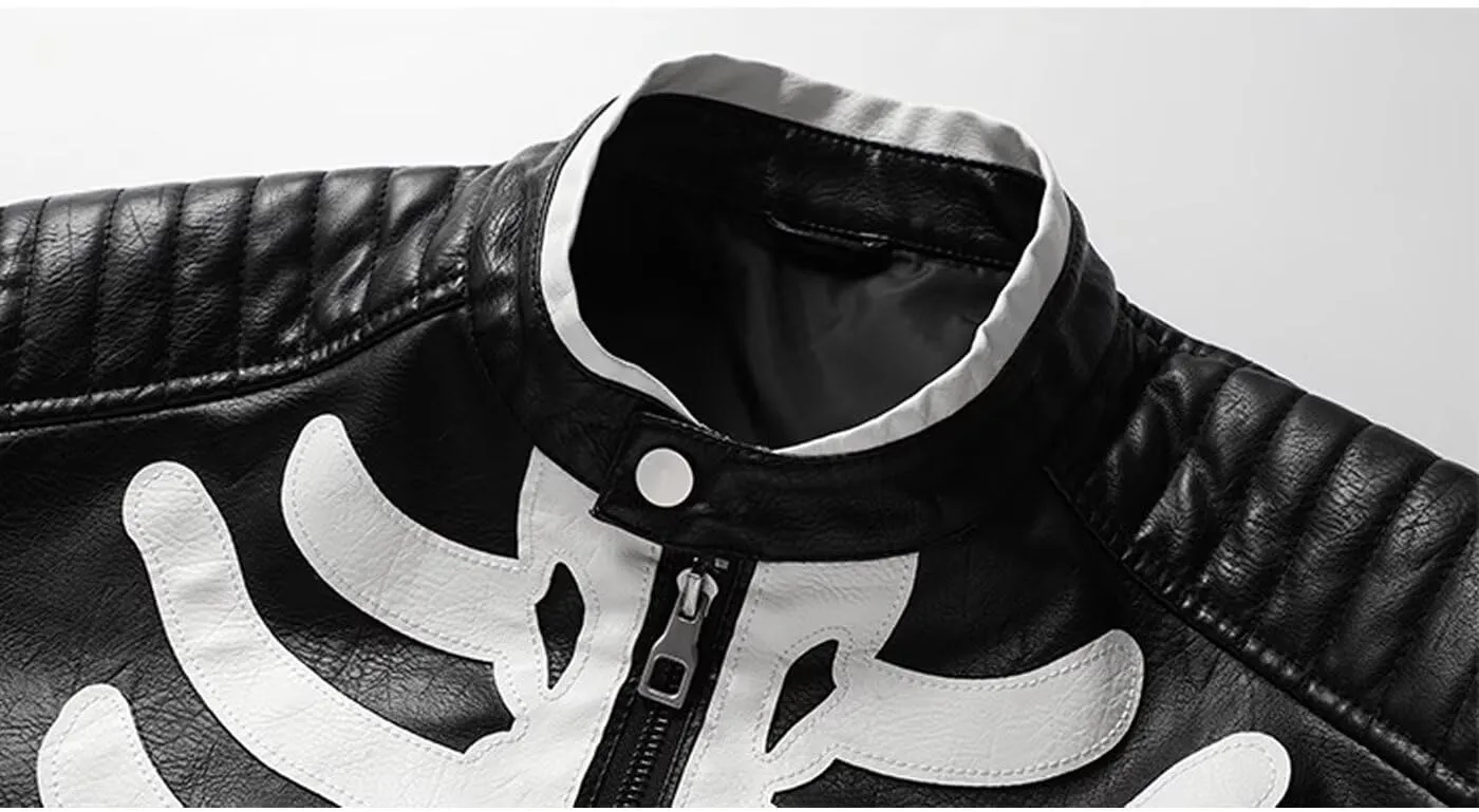 INVACHI Men's Faux Leather Jacket with Skeleton Design Waterproof Motorcyle Jacket PU Leather Jacket for Men