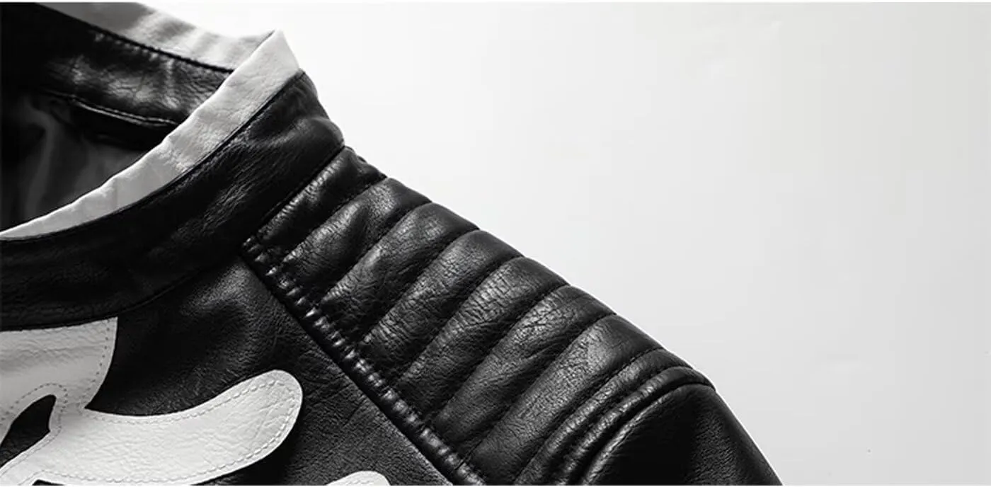 INVACHI Men's Faux Leather Jacket with Skeleton Design Waterproof Motorcyle Jacket PU Leather Jacket for Men
