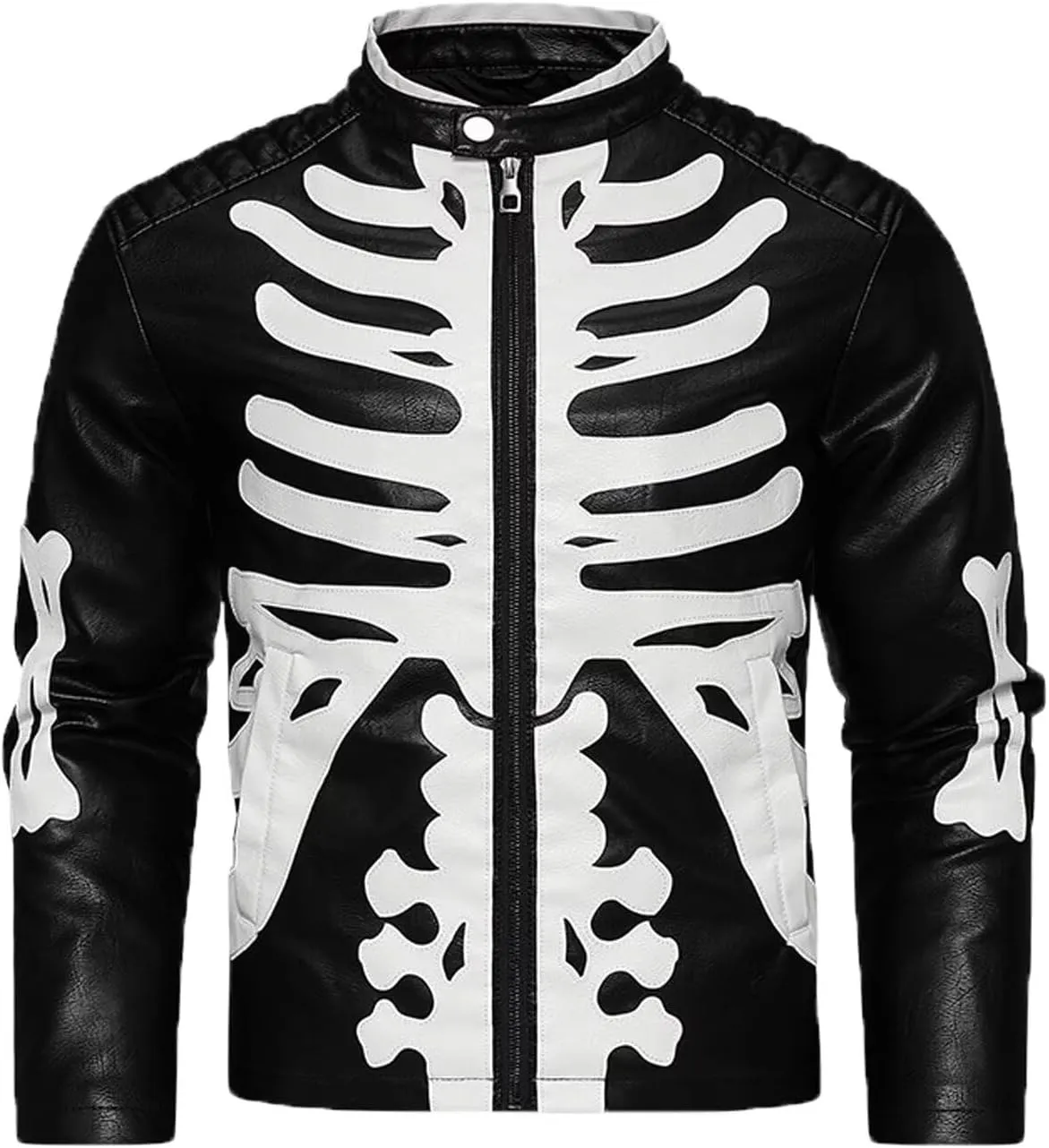 INVACHI Men's Faux Leather Jacket with Skeleton Design Waterproof Motorcyle Jacket PU Leather Jacket for Men