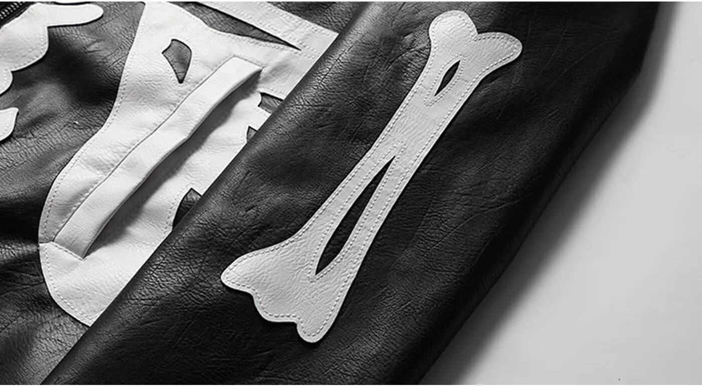 INVACHI Men's Faux Leather Jacket with Skeleton Design Waterproof Motorcyle Jacket PU Leather Jacket for Men